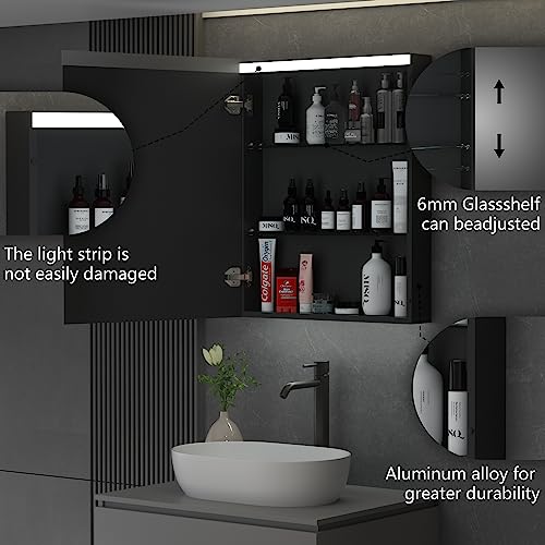 ExBrite LED Lighted Bathroom Medicine Cabinet with Mirror,24" W x 30" H Medicine Cabinet with Lights,Black Medicine Cabinet with 3-Layer Storage Shelves,Surface mounting only (Left Opening Door)