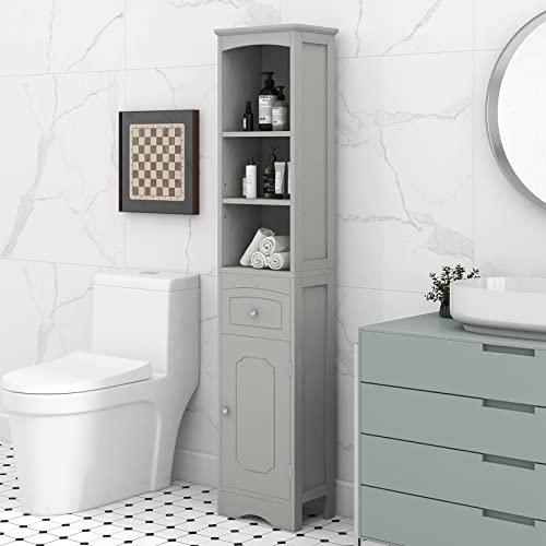 BNSPLY Tall Bathroom Cabinet with Shelves and Drawer, Slim Storage Tower with Adjustable Shelves, Narrow Bathroom Cabinet, Linen Cabinet for Bedroom, Living Room (Grey, 13.4" L x 9" W x 67" H)