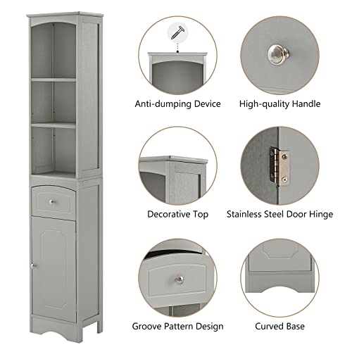 BNSPLY Tall Bathroom Cabinet with Shelves and Drawer, Slim Storage Tower with Adjustable Shelves, Narrow Bathroom Cabinet, Linen Cabinet for Bedroom, Living Room (Grey, 13.4" L x 9" W x 67" H)