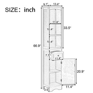 BNSPLY Tall Bathroom Cabinet with Shelves and Drawer, Slim Storage Tower with Adjustable Shelves, Narrow Bathroom Cabinet, Linen Cabinet for Bedroom, Living Room (Grey, 13.4" L x 9" W x 67" H)