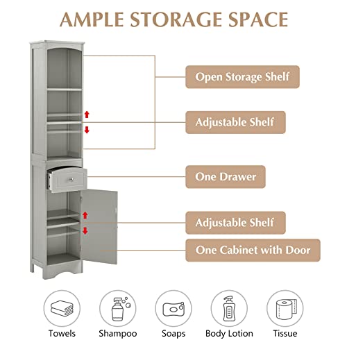 BNSPLY Tall Bathroom Cabinet with Shelves and Drawer, Slim Storage Tower with Adjustable Shelves, Narrow Bathroom Cabinet, Linen Cabinet for Bedroom, Living Room (Grey, 13.4" L x 9" W x 67" H)