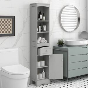 BNSPLY Tall Bathroom Cabinet with Shelves and Drawer, Slim Storage Tower with Adjustable Shelves, Narrow Bathroom Cabinet, Linen Cabinet for Bedroom, Living Room (Grey, 13.4" L x 9" W x 67" H)