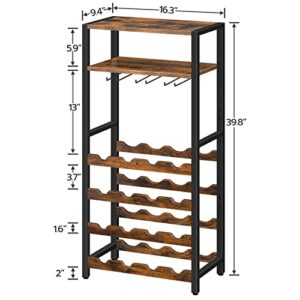 HOOBRO Freestanding Wine Rack, 16-Bottle Wine Storage Rack with Tabletop and Glass Holder, 6-Tier Bar Rack, for Kitchen, Bar, Dining Room, Rustic Brown BF04JJ01