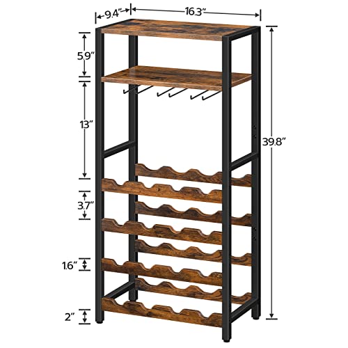 HOOBRO Freestanding Wine Rack, 16-Bottle Wine Storage Rack with Tabletop and Glass Holder, 6-Tier Bar Rack, for Kitchen, Bar, Dining Room, Rustic Brown BF04JJ01