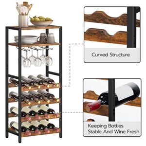 HOOBRO Freestanding Wine Rack, 16-Bottle Wine Storage Rack with Tabletop and Glass Holder, 6-Tier Bar Rack, for Kitchen, Bar, Dining Room, Rustic Brown BF04JJ01