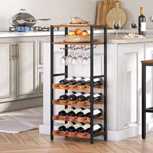 HOOBRO Freestanding Wine Rack, 16-Bottle Wine Storage Rack with Tabletop and Glass Holder, 6-Tier Bar Rack, for Kitchen, Bar, Dining Room, Rustic Brown BF04JJ01