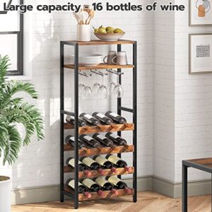 HOOBRO Freestanding Wine Rack, 16-Bottle Wine Storage Rack with Tabletop and Glass Holder, 6-Tier Bar Rack, for Kitchen, Bar, Dining Room, Rustic Brown BF04JJ01