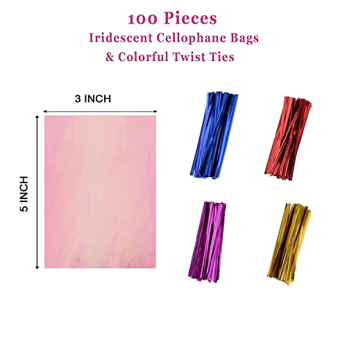 100pcs Cellophane Treat Bags, 3"x5" Iridescent Holographic Goodie Bags, Candy Bags Party Favors Bags with Twist Ties for Birthday Wedding Halloween Christmas, Valentines (3 x 5 inches (Pack of 100))