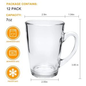 Cadamada Clear Glass Coffee Mugs, 7 OZ Espresso Mugs with Handle, Glass Drinking Beverage Cups for Latte, Cappuccino, Tea, Fruit Juice, Water, Office, Set of 12