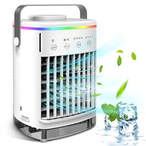 portable air conditioner fan 4 in1- desktop cooling fan with 4 wind speed & 2 spray modes, 7 colors led light & 2-8h timer, 700ml large watertank high-efficiency cooling fan for room office bedroom couch dining table, portable usb power bank notebook powe