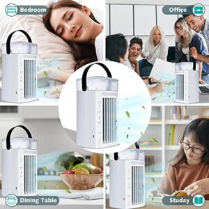 Portable Air Conditioner Fan 4 in1— Desktop Cooling Fan with 4 Wind Speed & 2 Spray Modes, 7 Colors LED Light & 2-8H Timer, 700ml Large Watertank High-Efficiency Cooling Fan for Room Office Bedroom Couch Dining Table, Portable USB Power Bank Notebook Powe