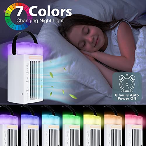 Portable Air Conditioner Fan 4 in1— Desktop Cooling Fan with 4 Wind Speed & 2 Spray Modes, 7 Colors LED Light & 2-8H Timer, 700ml Large Watertank High-Efficiency Cooling Fan for Room Office Bedroom Couch Dining Table, Portable USB Power Bank Notebook Powe