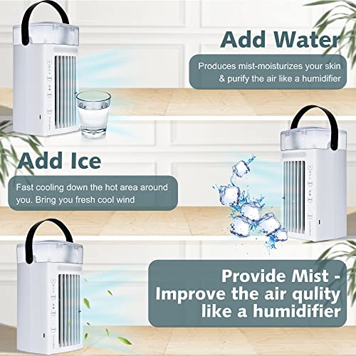 Portable Air Conditioner Fan 4 in1— Desktop Cooling Fan with 4 Wind Speed & 2 Spray Modes, 7 Colors LED Light & 2-8H Timer, 700ml Large Watertank High-Efficiency Cooling Fan for Room Office Bedroom Couch Dining Table, Portable USB Power Bank Notebook Powe