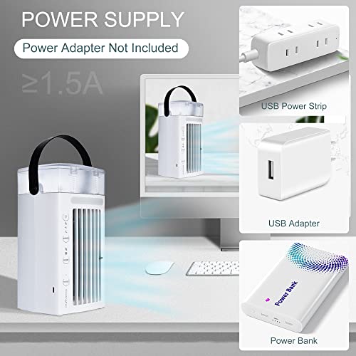 Portable Air Conditioner Fan 4 in1— Desktop Cooling Fan with 4 Wind Speed & 2 Spray Modes, 7 Colors LED Light & 2-8H Timer, 700ml Large Watertank High-Efficiency Cooling Fan for Room Office Bedroom Couch Dining Table, Portable USB Power Bank Notebook Powe