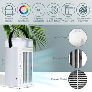 Portable Air Conditioner Fan 4 in1— Desktop Cooling Fan with 4 Wind Speed & 2 Spray Modes, 7 Colors LED Light & 2-8H Timer, 700ml Large Watertank High-Efficiency Cooling Fan for Room Office Bedroom Couch Dining Table, Portable USB Power Bank Notebook Powe