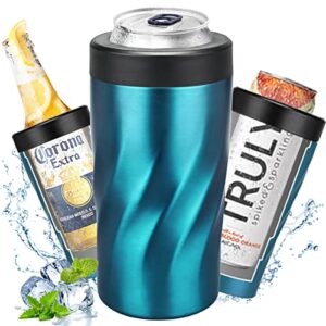 maxso skinny can cooler for 12 oz standard or slim cans & beer bottles. 4 in 1 stainless steel vacuum insulated universal beverage can holder keep drinks cold - green