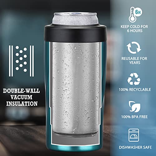 Maxso Skinny Can Cooler for 12 oz Standard or Slim Cans & Beer Bottles. 4 in 1 Stainless Steel Vacuum Insulated Universal Beverage Can Holder Keep Drinks Cold - Green