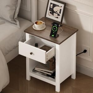 choochoo nightstand with charging station, wooden top bedside table with drawer and storage space for bedroom, white