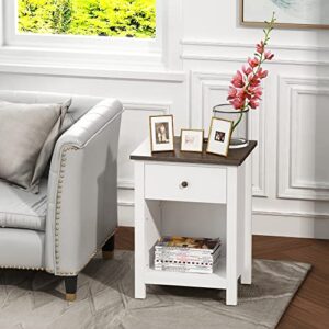 ChooChoo Nightstand with Charging Station, Wooden Top Bedside Table with Drawer and Storage Space for Bedroom, White