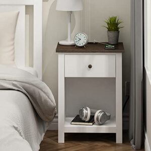 ChooChoo Nightstand with Charging Station, Wooden Top Bedside Table with Drawer and Storage Space for Bedroom, White