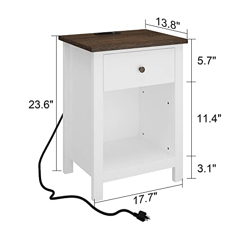 ChooChoo Nightstand with Charging Station, Wooden Top Bedside Table with Drawer and Storage Space for Bedroom, White