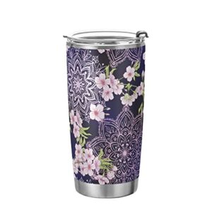 alaza insulated tumbler purple mandala cherry flower stainless steel vacuum coffee water tumbler bottle with lid and straw double walled travel mug 20oz for hot & cold drinks
