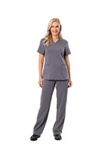 puripure athletic scrub set for women 4-way stretch v-neck scrub top with 2 pockets & cargo scrub pant with 5 pockets (large, grey)
