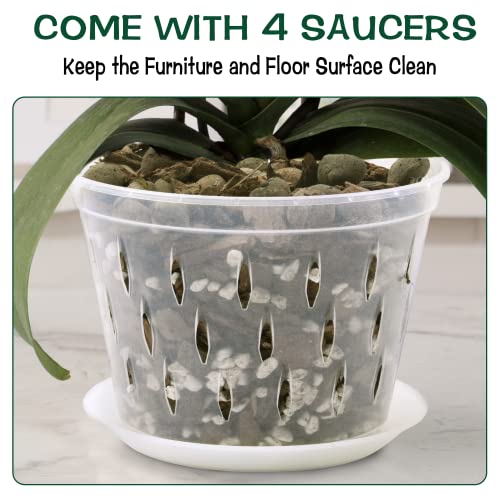 lanccona Orchid Pot, 8 Inch 4 Pack Orchid Pots with Holes and Saucers, Clear Plastic Orchid Pots