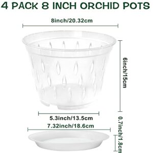 lanccona Orchid Pot, 8 Inch 4 Pack Orchid Pots with Holes and Saucers, Clear Plastic Orchid Pots