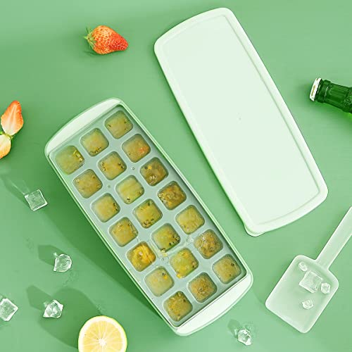 HOMQUEN Ice Cube Trays for Freezer, Easy Release Silicone 21-Grain Ice Trays with Lid, Storage Container, Scoop, Square Ice Ball Maker Mold, Ice Cube Mold for Chilling Whiskey Tea Coffee (Green)