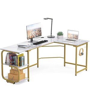 merronix l shaped desk with storage shelves, reversible corner computer desk for home office, modern gaming l desk with spacious desktop, white marble and gold