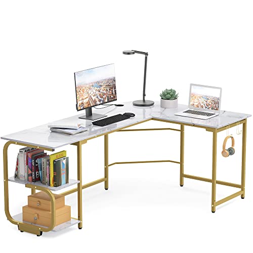 Merronix L Shaped Desk with Storage Shelves, Reversible Corner Computer Desk for Home Office, Modern Gaming L Desk with Spacious Desktop, White Marble and Gold