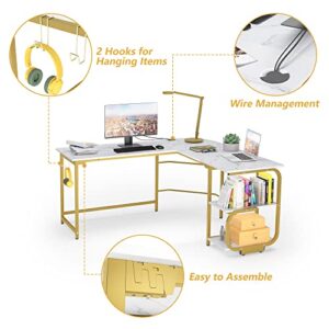 Merronix L Shaped Desk with Storage Shelves, Reversible Corner Computer Desk for Home Office, Modern Gaming L Desk with Spacious Desktop, White Marble and Gold