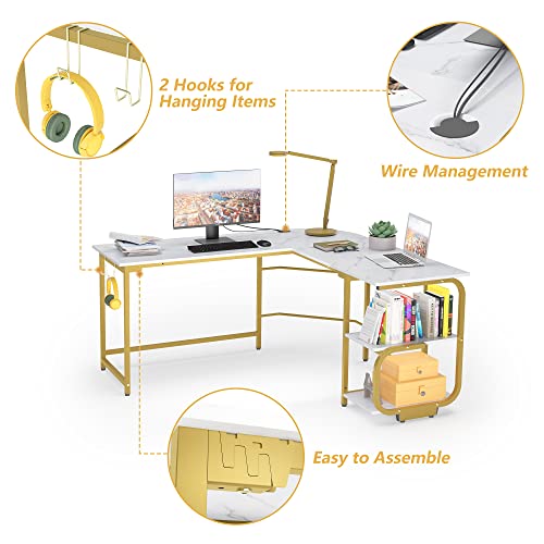 Merronix L Shaped Desk with Storage Shelves, Reversible Corner Computer Desk for Home Office, Modern Gaming L Desk with Spacious Desktop, White Marble and Gold