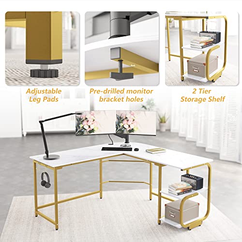 Merronix L Shaped Desk with Storage Shelves, Reversible Corner Computer Desk for Home Office, Modern Gaming L Desk with Spacious Desktop, White Marble and Gold