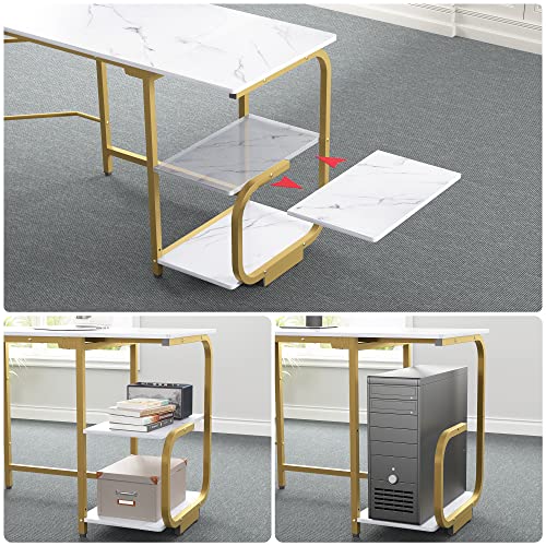 Merronix L Shaped Desk with Storage Shelves, Reversible Corner Computer Desk for Home Office, Modern Gaming L Desk with Spacious Desktop, White Marble and Gold