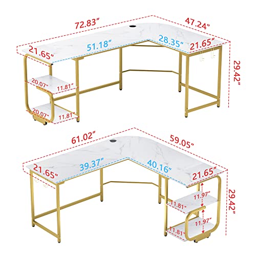 Merronix L Shaped Desk with Storage Shelves, Reversible Corner Computer Desk for Home Office, Modern Gaming L Desk with Spacious Desktop, White Marble and Gold