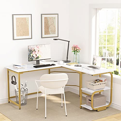 Merronix L Shaped Desk with Storage Shelves, Reversible Corner Computer Desk for Home Office, Modern Gaming L Desk with Spacious Desktop, White Marble and Gold