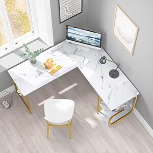 Merronix L Shaped Desk with Storage Shelves, Reversible Corner Computer Desk for Home Office, Modern Gaming L Desk with Spacious Desktop, White Marble and Gold