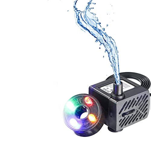 BCORLD Fountain Pump with LED Lights, Quiet Fountain Pump, Adjustable Water flow Fountain Pump，54GPH(200L/H，3W）, Outdoor Pond, Aquarium fish tanks, Home Décor Fountain,1 Nozzles，Power Cord 5ft