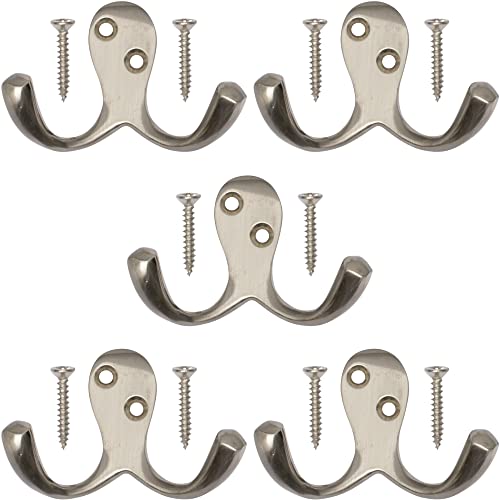 Neighbours Lane Towel Hooks for Bathroom Wall Mounted - Satin Nickel Double Prong Wall Hooks for Hanging Coats, Clothes, Bags, Hats, Towels, & More - Pack of 5 Small-Sized Hooks