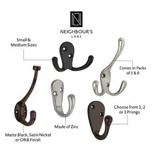 Neighbours Lane Towel Hooks for Bathroom Wall Mounted - Satin Nickel Double Prong Wall Hooks for Hanging Coats, Clothes, Bags, Hats, Towels, & More - Pack of 5 Small-Sized Hooks