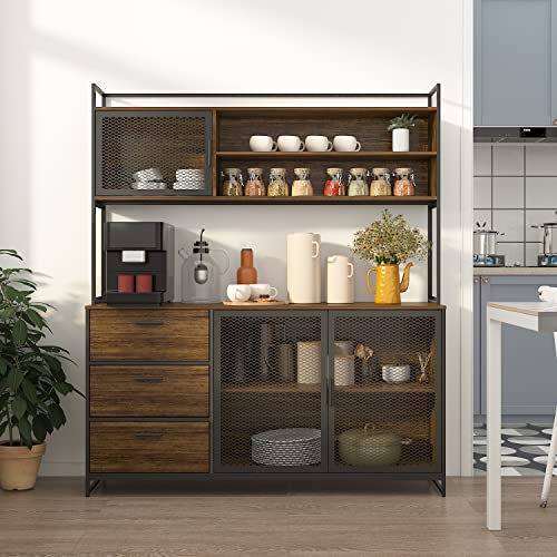 AIEGLE Large Kitchen Hutch Storage Cabinet, Pantry Cabinets with Hutch, Metal Frame Cupboard with Mesh Door, Drawer & Microwave Shelf, Freestanding Kitchen Storage, Brown (59" W x 15.7" D x 68.5" H)