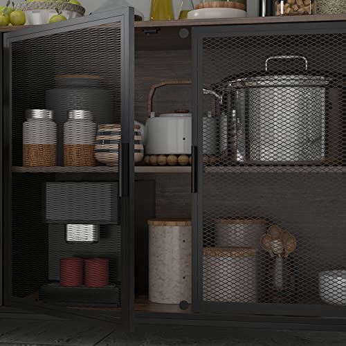 AIEGLE Large Kitchen Hutch Storage Cabinet, Pantry Cabinets with Hutch, Metal Frame Cupboard with Mesh Door, Drawer & Microwave Shelf, Freestanding Kitchen Storage, Brown (59" W x 15.7" D x 68.5" H)