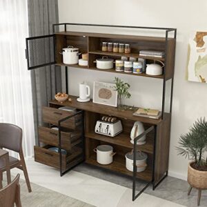AIEGLE Large Kitchen Hutch Storage Cabinet, Pantry Cabinets with Hutch, Metal Frame Cupboard with Mesh Door, Drawer & Microwave Shelf, Freestanding Kitchen Storage, Brown (59" W x 15.7" D x 68.5" H)