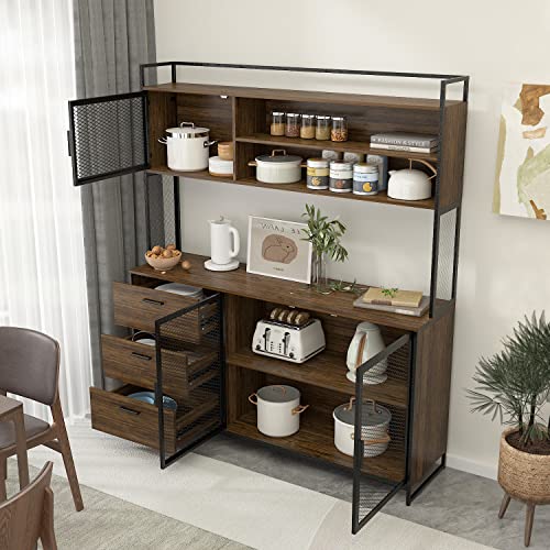 AIEGLE Large Kitchen Hutch Storage Cabinet, Pantry Cabinets with Hutch, Metal Frame Cupboard with Mesh Door, Drawer & Microwave Shelf, Freestanding Kitchen Storage, Brown (59" W x 15.7" D x 68.5" H)
