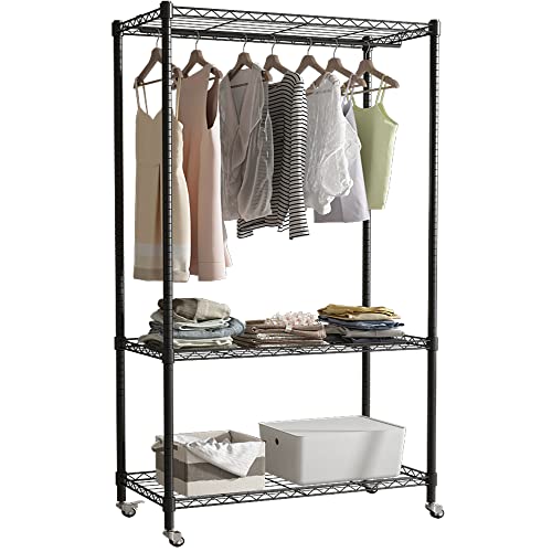 GMIULIG Portable Closets Heavy Duty Garment Rack Clothes Rack for Hanging Clothes Metal Wire Shelving Wardrobe Portable Freestanding Closet Black