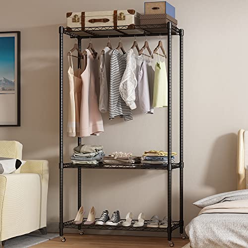 GMIULIG Portable Closets Heavy Duty Garment Rack Clothes Rack for Hanging Clothes Metal Wire Shelving Wardrobe Portable Freestanding Closet Black