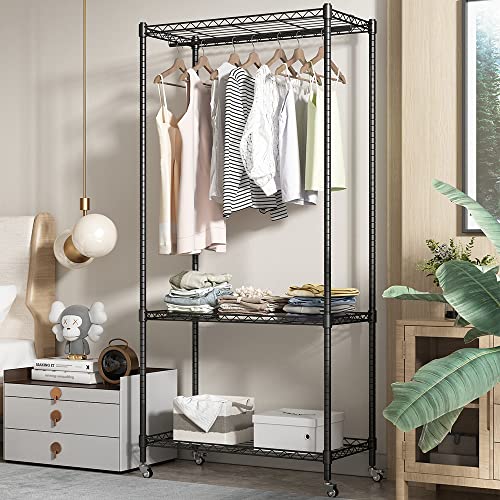 GMIULIG Portable Closets Heavy Duty Garment Rack Clothes Rack for Hanging Clothes Metal Wire Shelving Wardrobe Portable Freestanding Closet Black