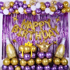 purple gold birthday decorations for women girls, gold happy birthday banner 13th 16th 18th 21st 30th 40th 50th 60th birthday party decorations, champagne purple gold & white balloon arch kit